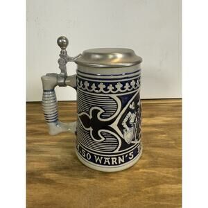 Vintage German Beer Stein 6” Lidded Knight Scene Westerwald Cream Navy Relief